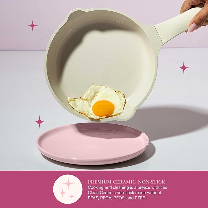 Paris Hilton Ceramic Nonstick Cookware Set, Cast Aluminum with Dual Layer Nonstick Coating, Gold Heart Knobs, Stay-Cool Handles, Made without PFAS, PFOA, PFOS & PTFE, Dishwasher Safe, 10-Piece, Cream