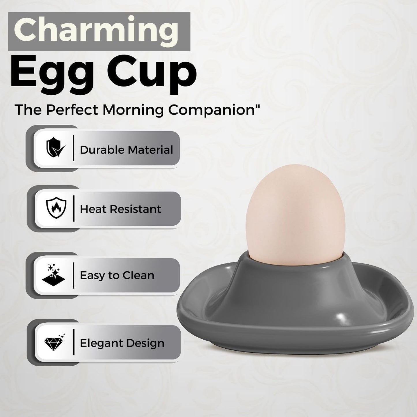 Flexzion Soft Boiled Egg Holder Set - 4-Piece Gray Ceramic Egg Cup, Stackable Egg Coddler Cups with Base for Serving, Breakfast, Brunch - Kitchen Table Decor, Gray