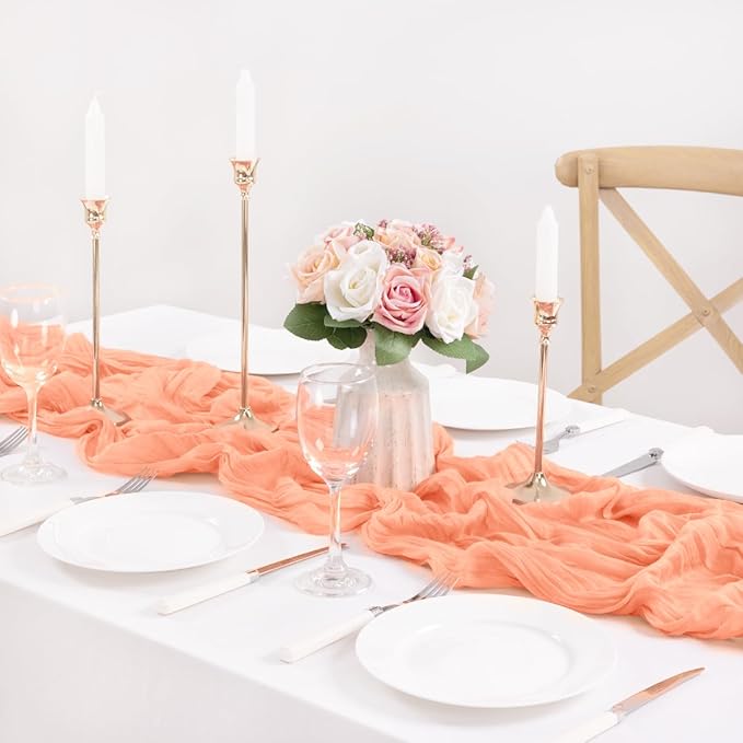 MLMC 3 Pack Peach Cheesecloth Table Runner 10ft Rustic Gauze Cheese Cloth Table Runner 35x120 Inches for Wedding Bridal Baby Shower Party Decor