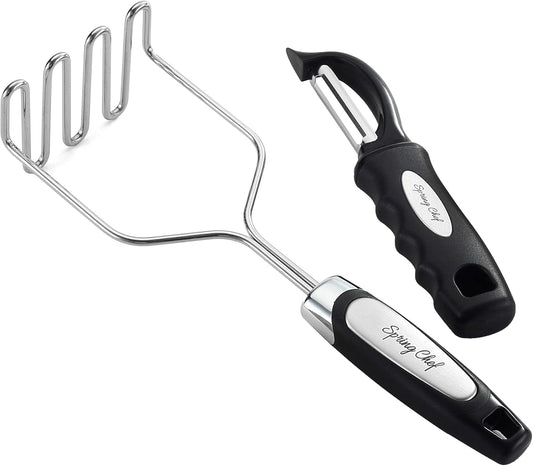 Spring Chef Stainless Steel Potato Masher with Premium Vegetable Peeler, Mashed Potato Masher - Kitchen Tool with Soft Non-slip Handle, Metal Food Masher for Fruit, Avocado, Bean, Guacamole, Banana