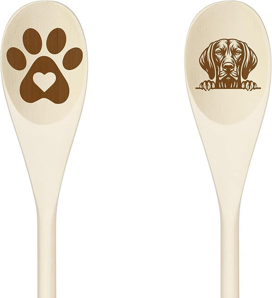 Decorative Wooden Spoons with Peeking Dog Designs, Paw Print and Dog Head, Kitchen Utensils Set of 2 (VIZSLA)