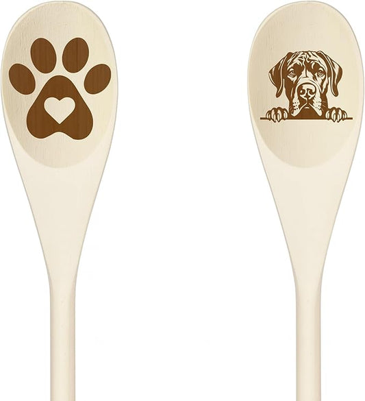Decorative Wooden Spoons with Peeking Dog Designs, Paw Print and Dog Head, Kitchen Utensils Set of 2 (GREAT DANE)