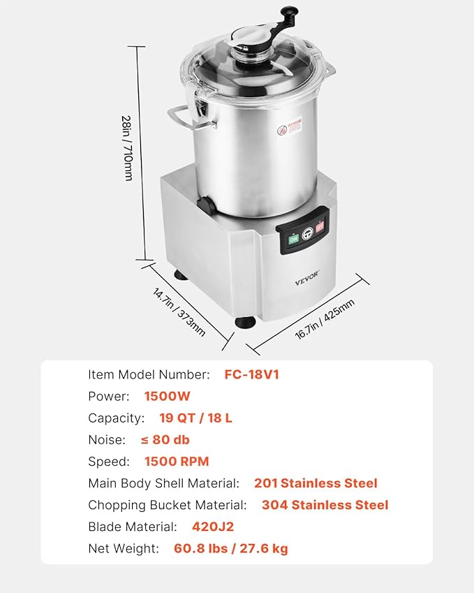 VEVOR Food Processor & Vegetable Chopper, 19 Quart Food-Grade Stainless Steel Food Processor Chopper with S-Curve Blade and Scraper, Ideal for Chopping Vegetables, Fruit, Grains, Nuts