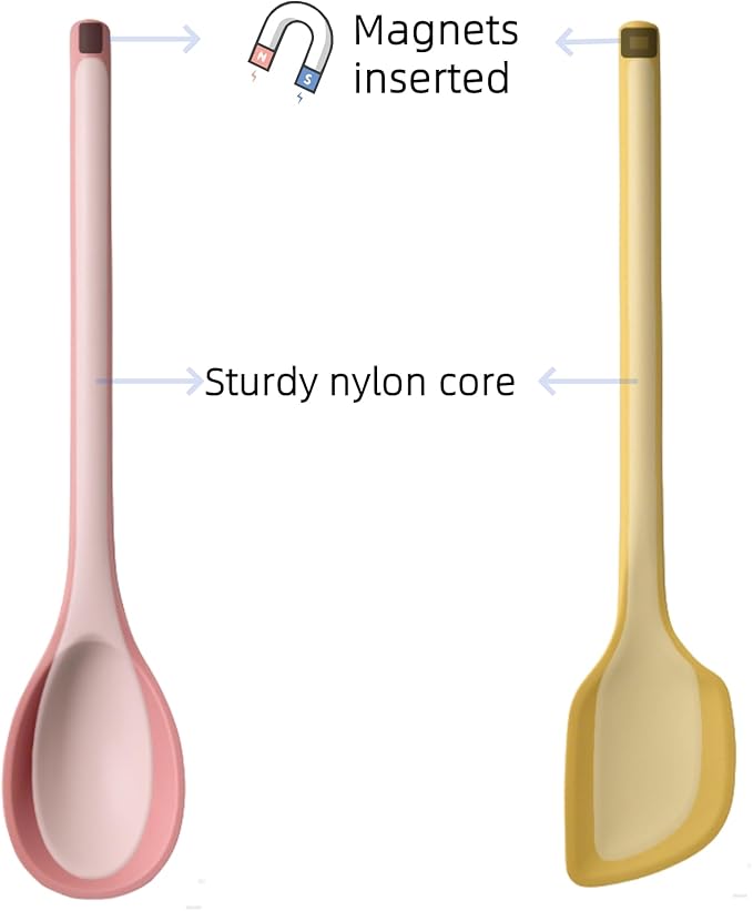 Silicone Cooking Spoon Spatula Set, High Heat Resistant Stiff Mixing Spoon, Extra Long Large Kitchen Utensil for Baking, Stirring, Serving, scraping and turning, 12 Inches