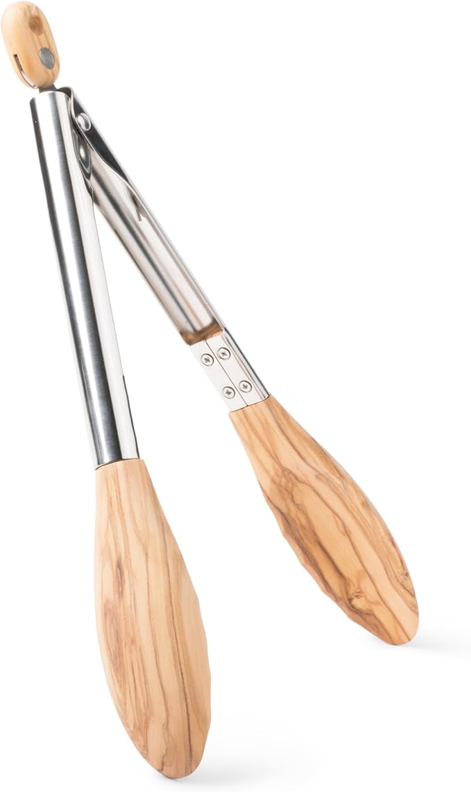 Salt & York Wooden Tongs Kitchen Long handle with non-Slip Grip for Cooking, Salad, Serving Food, Grilling - 11 Inch - Set of 1 (Olive)