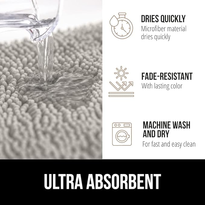 GORILLA GRIP Bath Rug Mat, Thick Soft Absorbent Chenille, Quick Dry Microfiber Mats, Rubber Backing Washable Shower Floor Rugs, US Designed Bathroom Bathmat Home Decor Accessories, 24x17 Light Gray