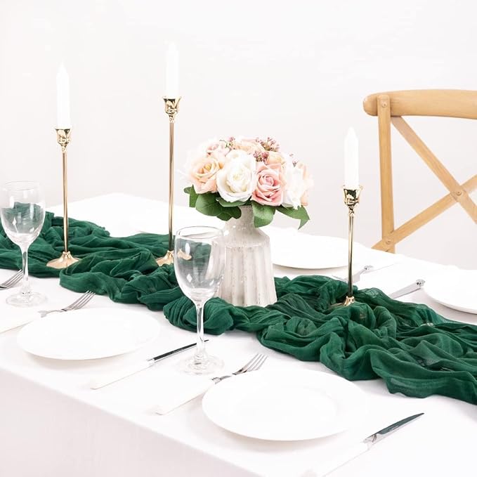 MLMC Emerald Green Table Runner Boho Dark Green Christmas Cheesecloth Table Runner 10ft Sheer Gauze Cheese Cloth Decorations for Wedding Bridal Shower Home Party Decor