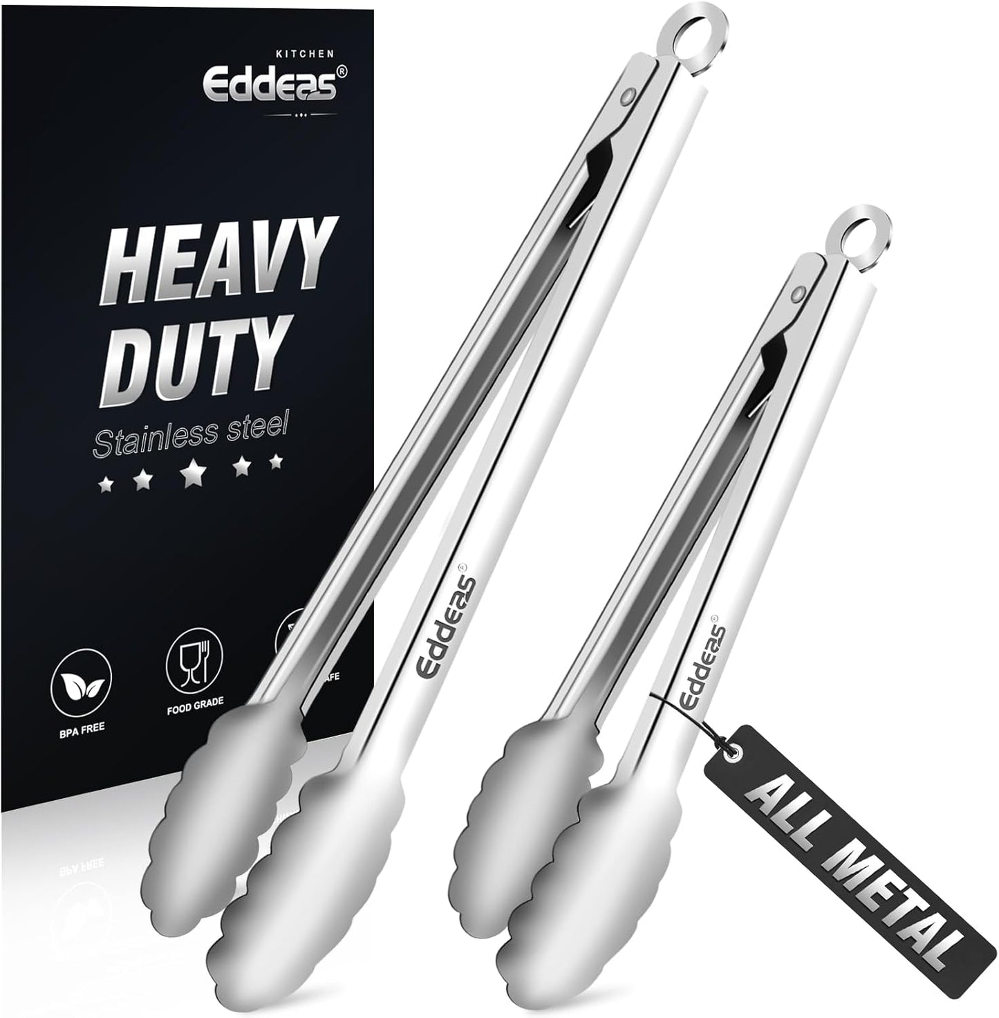 All Metal Tongs For Cooking - Heat Resistant 600 Degrees Stainless Steel Kitchen Tongs, Set of 2-9" & 12 inch, Locking Tongs, For Food,Salad, BBQ, Grilling, Dishwasher safe