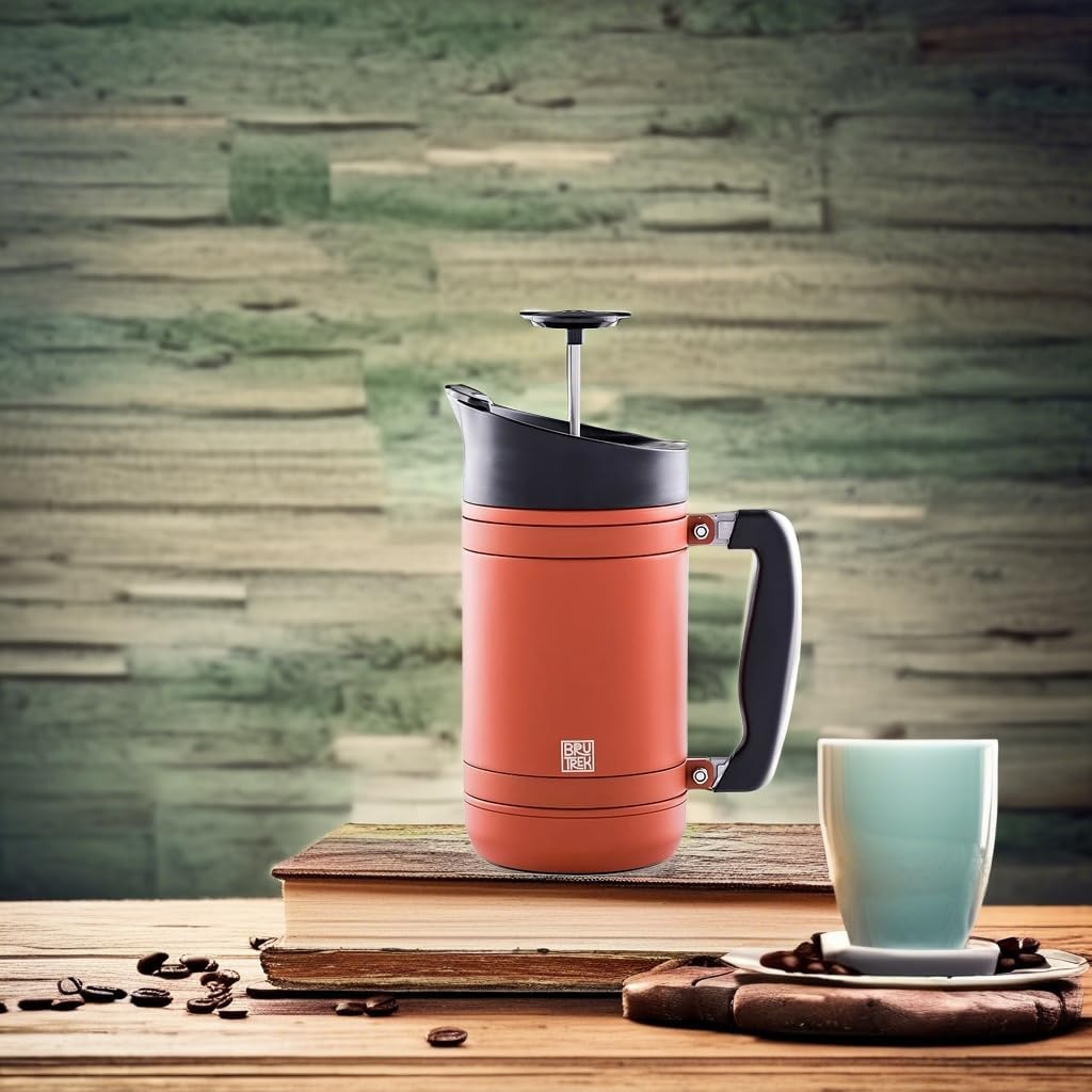 BaseCamp Coffee Press - Double Wall Insulated Stainless Steel - Bru-Stop Technology, No Grounds in Coffee, No Spill Lid (Red Rock, 32 fl.oz)