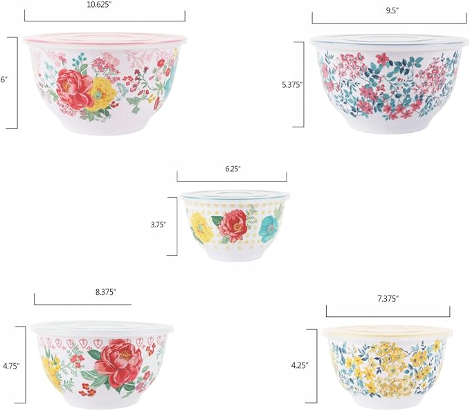 The Piner Woman 10-Piece Melamine Mixing Bowl Set, Fancy Flourish | Melamine Mixing Bowls Set with Lids | Airtight Food Storage Containers | Mixing Bowls Set Large, 10pc Food Storage Set