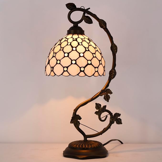 WERFACTORY Tiffany Table Lamp Cream Stained Glass Pearl Style Desk Light with Metal Leaf Base 8X10X21 Inches Decor Small Space Bedroom Home Office S005 Series