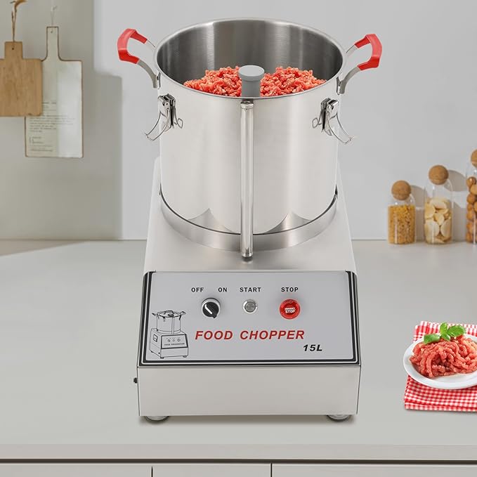 Stainless Steel Commercial Food Processor, 1400W Electric Food Chopping Machine, 3.96Gal Capacity, Food Cutter with Safety Lock, Detachable Barrel and Blades for Easy Cleaning