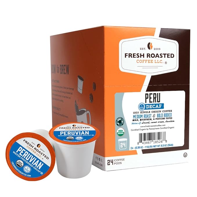 Fresh Roasted Coffee, USDA Organic Peru Water-Processed Decaf | 3rd Party Tested for Pesticides, Mold, Mycotoxins, Kosher | 100% Arabica, Specialty Grade, Med Roast 24 Pods for K Cup Brewers