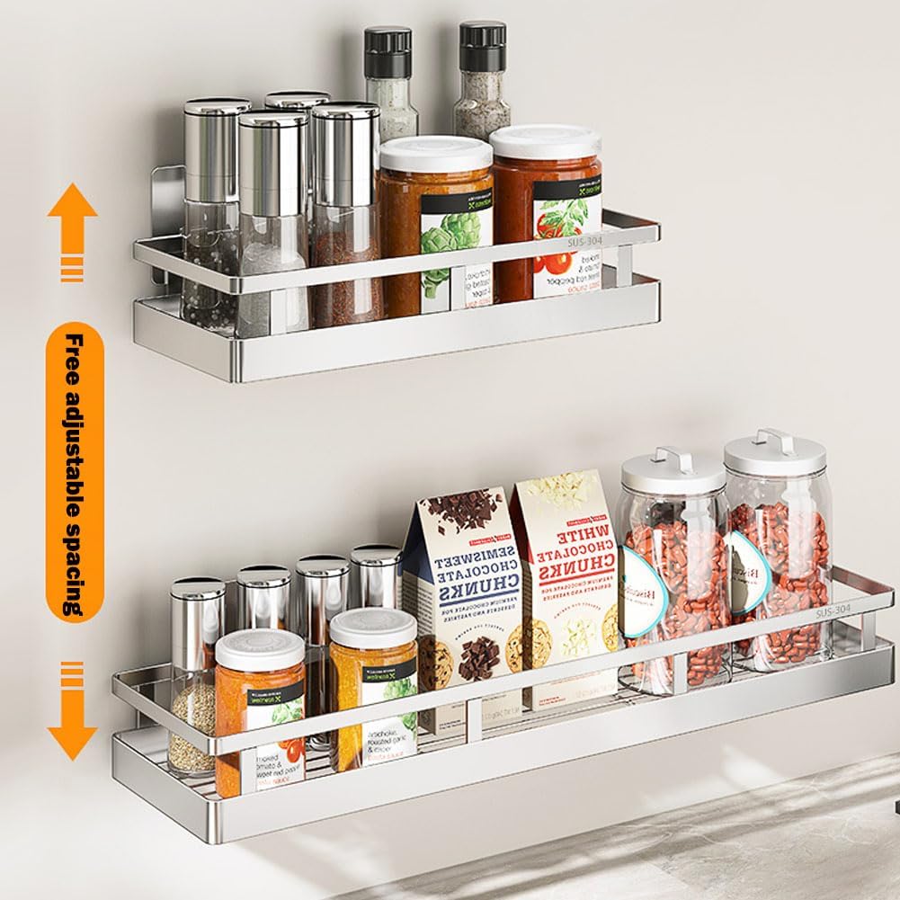 SUS304 Stainless steel Wall Mount Spice Rack Storage Basket - Seasoning Container, Kitchen Spice Organizer -Kitchen Seasoning Hanging Rack - Bathroom Shelf (Silver)