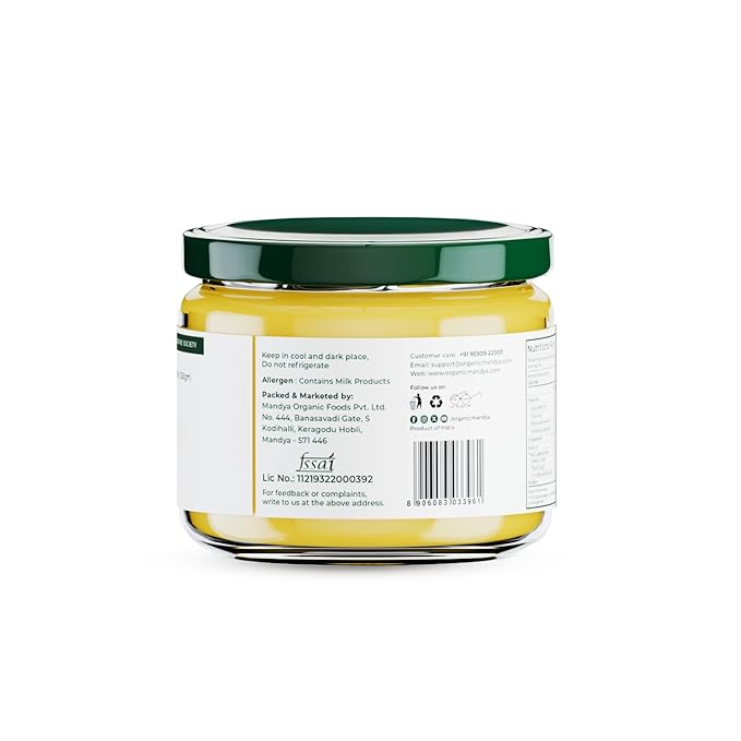 Organic Mandya Grass Fed Ghee A2 Butter, Pasture Raised, Lactose Free, Stress-Free Cattle, Ethically Sourced | Fermented A2 Ghee (9.3 oz / 275 ml)