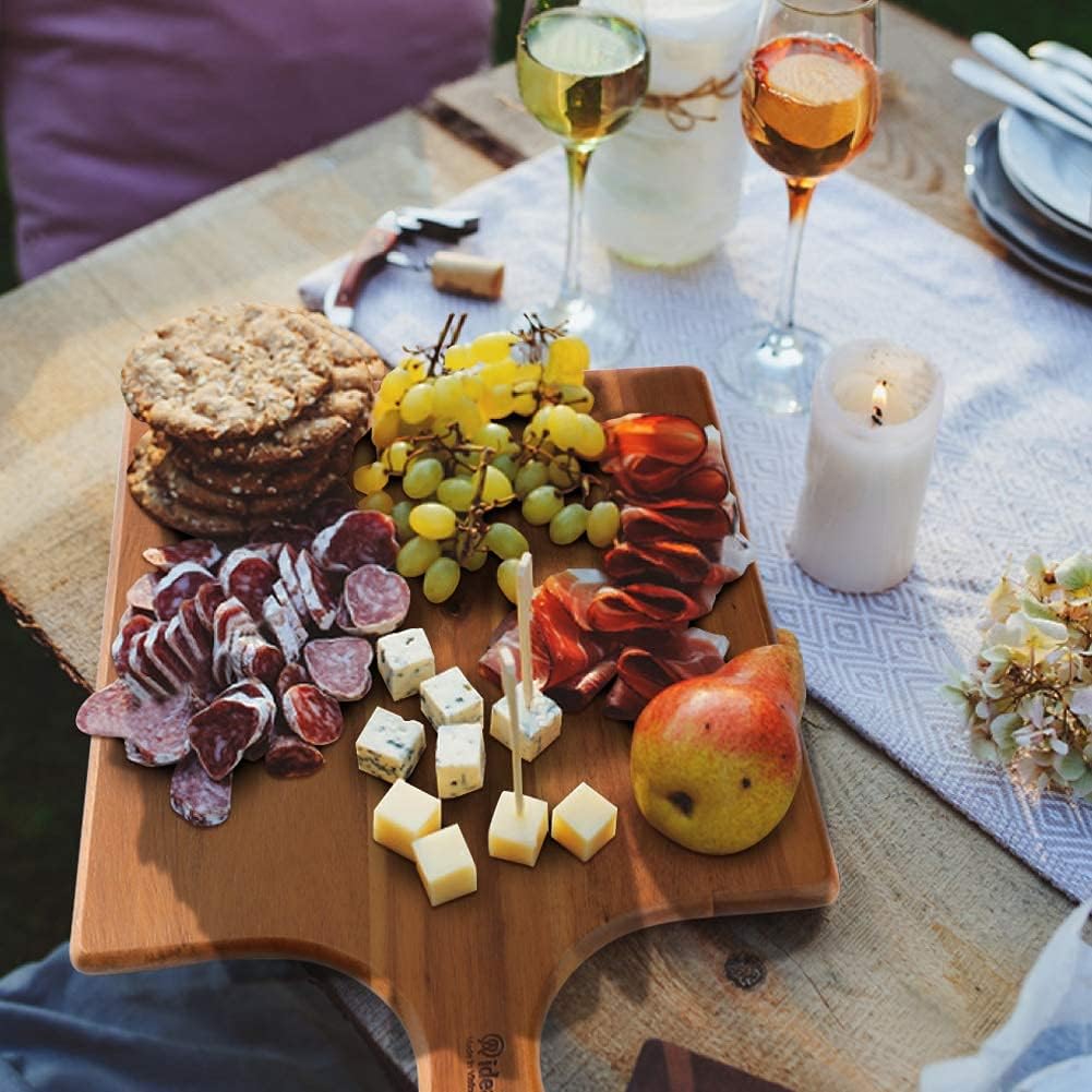 AIDEA Acacia Wood Cutting Board with Handle, Large Wooden Charcuterie Board for Bread, Cheese, Meat, and Fruits, Food Serving Tray for the Kitchen (17" x 11")
