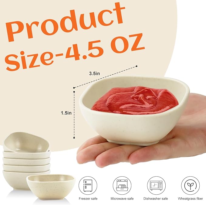 Homienly Soy Sauce Dishes,Wheat Straw Small Bowl Set of 6-4.5 OZ Small Dessert Bowls,Unbreakable Dipping Bowls,Dipping Sauce Cups,Mini Prep Bowls, Dip Bowl for Side Dish - Beige