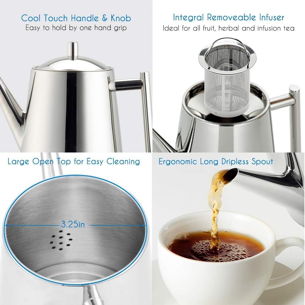 Easyworkz Stainless Steel Teapot With Removeable Infuser 50 oz (1500ml) Stovetop Tea Maker for Fruit Herbal and Infusion