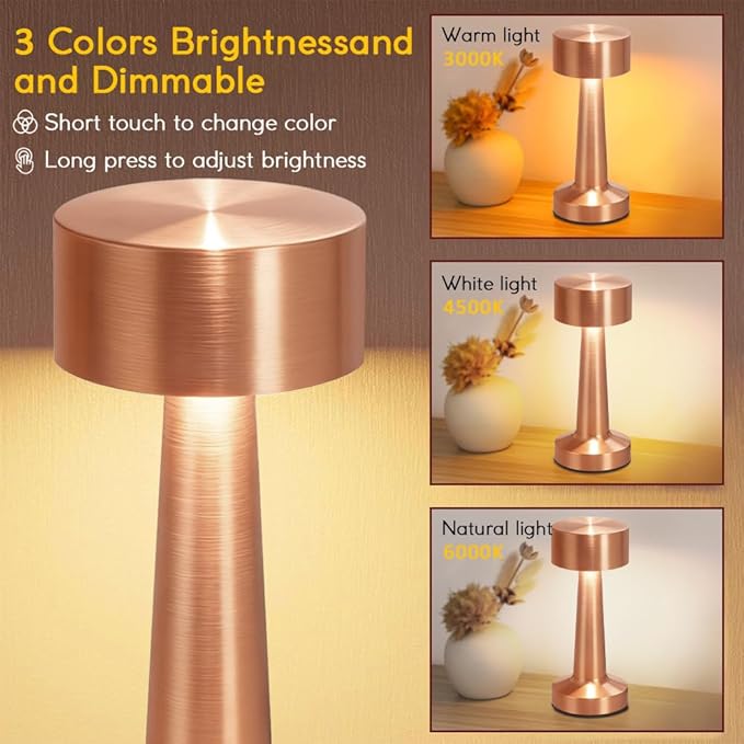Portable LED Table Lamp, 3-Levels Brightness Metal Desk Lamp,3 Color Touch Control Rechargeable Lamp, Ideal Bedside lamp for Nightstand,Bedroom, Living Room（Rose Gold）