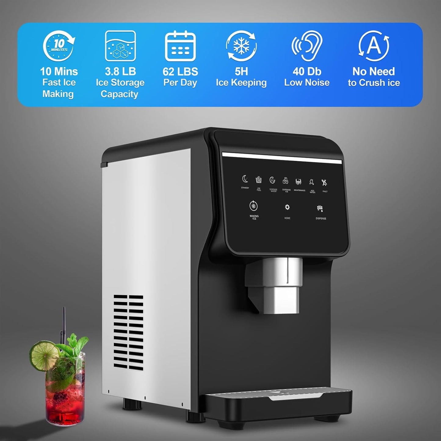 Nugget Ice Makers Countertop Soft Chewable Pellet Ice Machine with Auto-Cleaning Function, Ice/Water/Ice-Water Mix Mode, 62Lbs/24H Portable Countertop Ice Makers for Home Party RV Camping