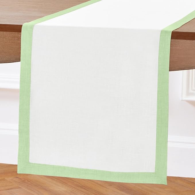 Solino Home Linen Table Runner 120 Inches Long - Pastel Green and White 100% Pure Linen 14 x 120 Inch Table Runner for Dining, Christmas, New Year - Classic