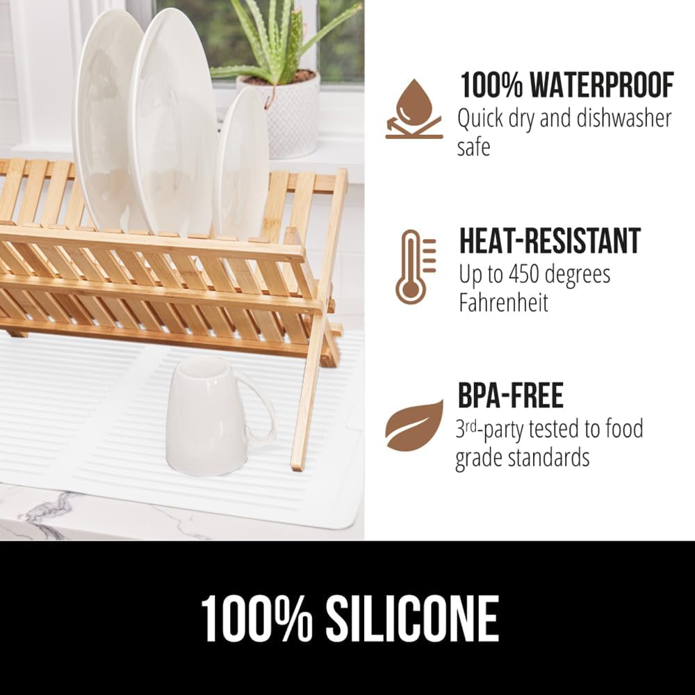 GORILLA GRIP 100% BPA-Free Patented Silicone Dish Drying Mat for Kitchen Counter, 18x24 Inch, Water Catching Ribbed Design, Easy Clean Waterproof Sink Liner, Heat Resistant, Fits Under Rack, White