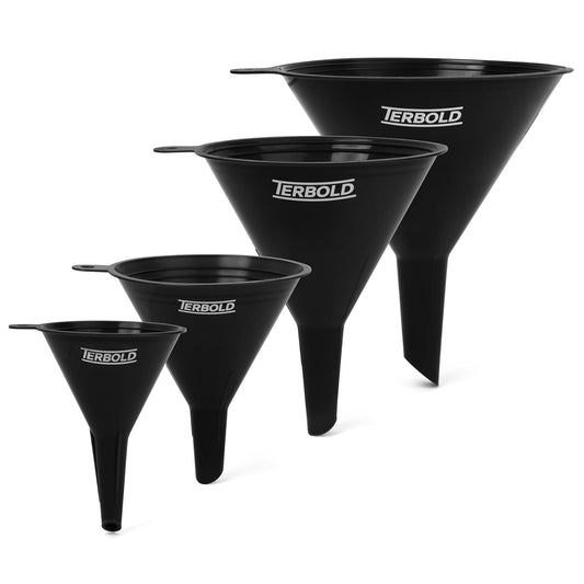 4pc Funnel Nesting Set in BPA Free Plastic for Kitchen Cooking, Car Oil, Home, or Lab Use (Black)