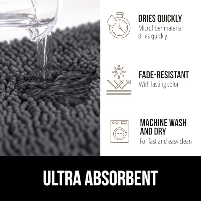 GORILLA GRIP Bath Rug Mat 60x17, Soft Absorbent Chenille, Quick Dry Microfiber Mats, Rubber Backing Washable Shower Floor Rugs, Bathmat Runner, US Designed Bathroom Home Decor Accessories Charcoal