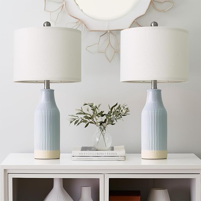 23.75inch Light Blue Modern Ceramic Bedside Lamp Set of 2 for Bedroom Decor Farmhouse Table Lamp for Living Room Office Dorm