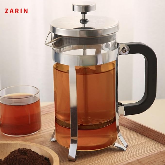 ZARIN 34oz (1L) French Press Coffee & Tea Maker – Durable Borosilicate Glass & Stainless Steel Press with 2 Bonus Filters – Portable Cold Brew Cafetière [Available in Silver Only]