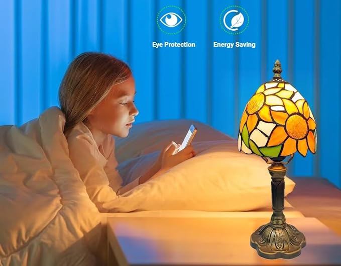 Tiffany Style Table Lamp,Sunflower Stained Glass Lamp,6 Inch Small Antique Bedside Lamp, for Bedroom Living Room Home,Included Dimmable LED Bulb 8W