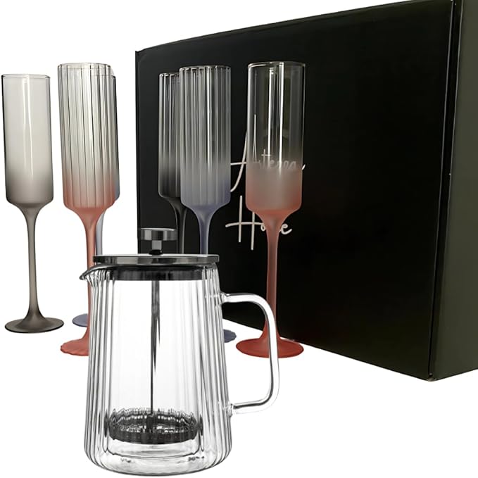 Coffee & Cheers Gift Bundle – Elegant French Press with Hand -Blown Champagne Flutes
