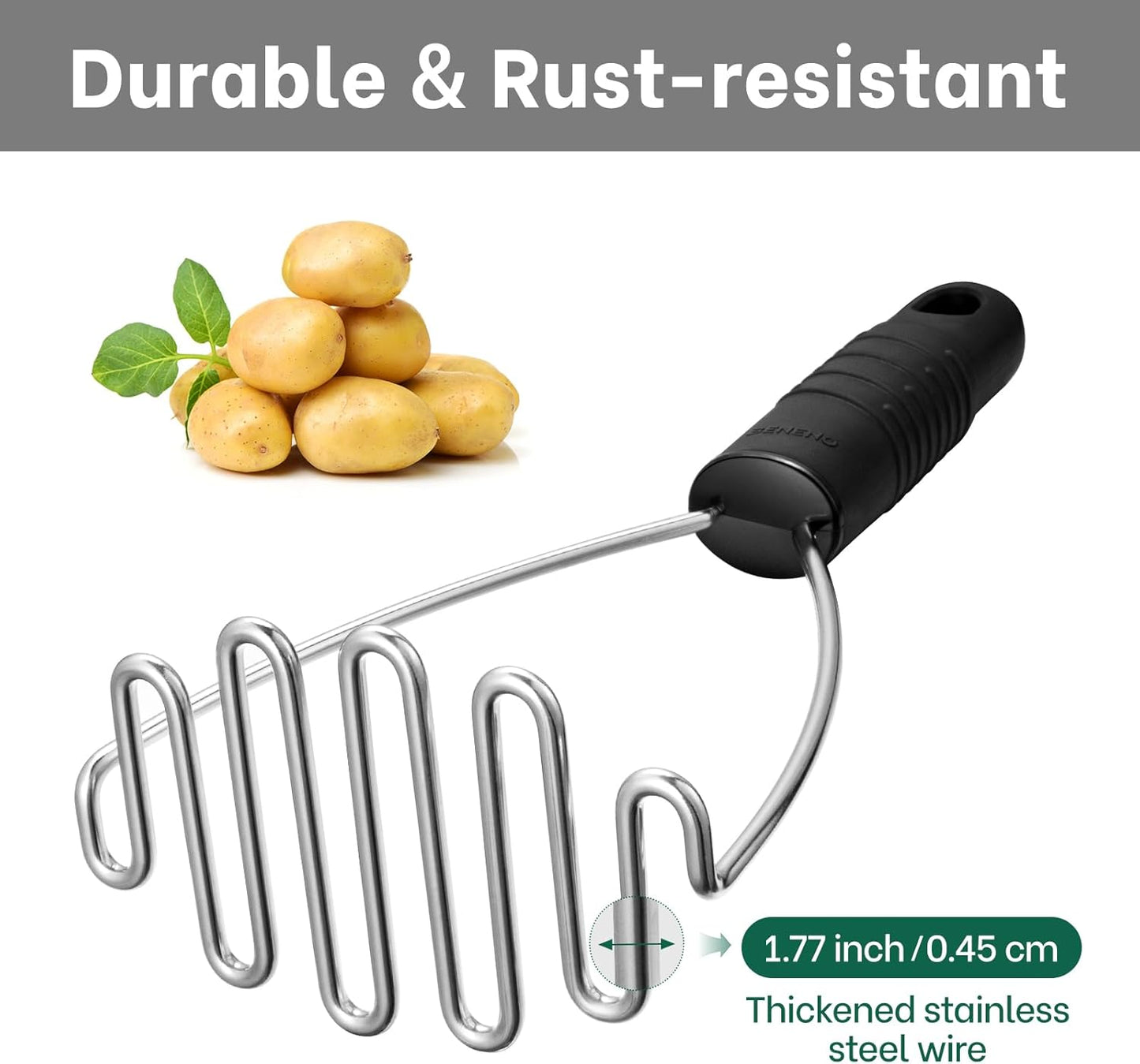 Beneno Stainless Steel Wire Potato Masher, Heavy Duty Sturdy Easy Grip Masher Kitchen Tools with Non-Slip Soft Rubber Handle, Effortless Mashing Tool for Potatoes, Avocados, Dishwasher Safe, Rustproof