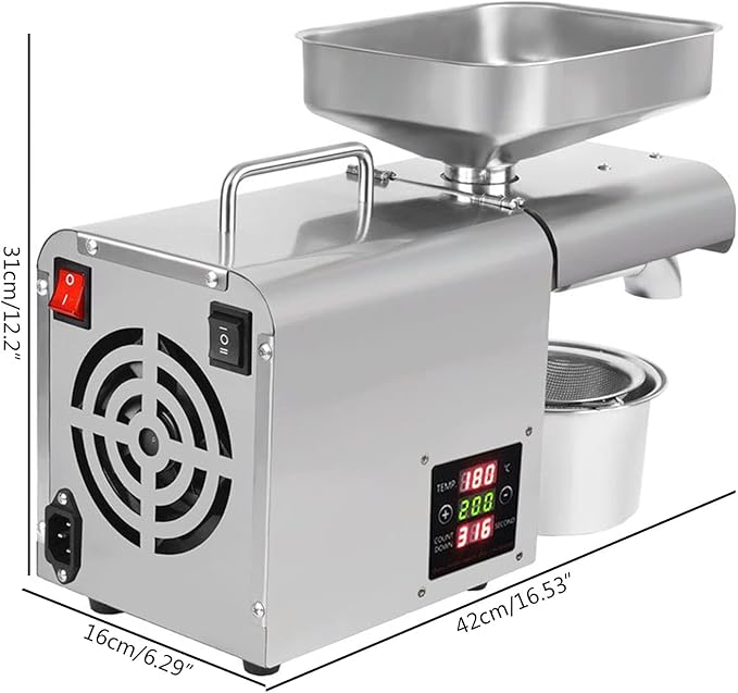 Oil Press Machine 610W Cold/Hot Press Oil Extractor Machine with Oil Cup, Funnel & Filter, 304 Stainless Steel Oil Press Machine, 3-6 kg/h Oil Press Speed, for Peanut Soybean Rapeseed Silver 110V