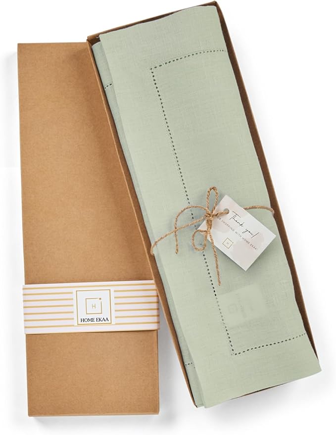 Home Ekaa 100% Pure Linen Sage Green Placemats 14 x 19 Inch - Hemstitch Placemat Set of 4 - Washable Cloth Fabric Table Mats for Christmas, Fall, Winter, Holiday, New Year - Elara