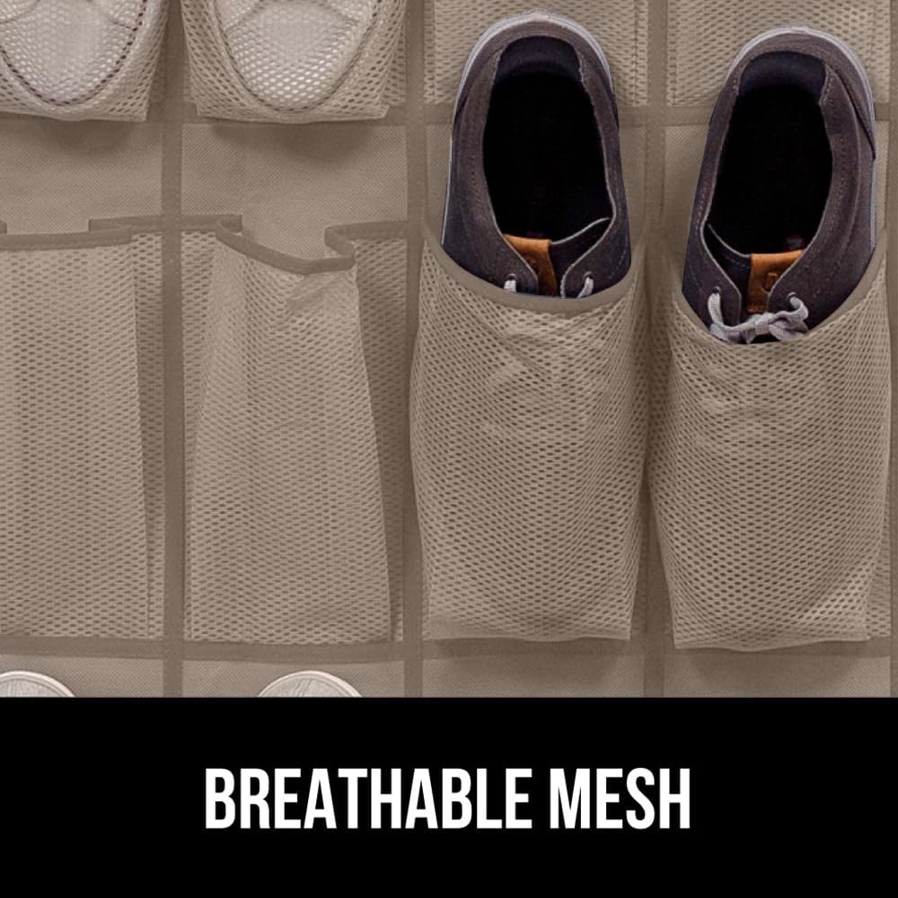 GORILLA GRIP Over the Door Shoe Organizer, 24 Large Breathable Mesh Pockets, Space Saving Hanging Storage Holder, Closet Rack Hanger Holds Up to 40 lbs, Hangs on Closets for Shoes, Accessories, Beige