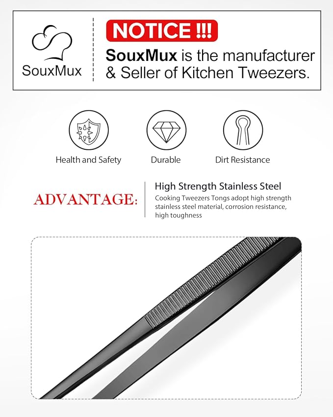 2 Pcs 10-inch Cooking Tweezers Tongs Precision Serrated Tips, Stainless Steel Professional Chef Tweezer Kitchen Tools for BBQ, Plating and Serving (Black)