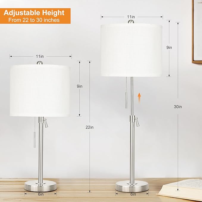 Table Lamps for Bedrooms Set of 2, 22" to 30" Height Adjustable Nightstand Lamps with Linen Shade, Pull Chain Switch Lamps for Living Room, 3 Way Dimmable Beside Lamp