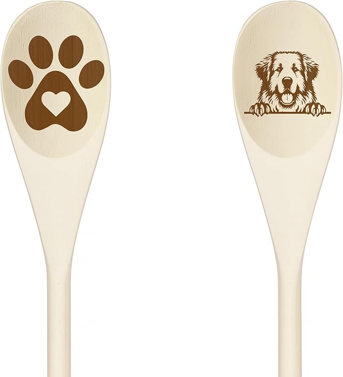 Decorative Wooden Spoons with Peeking Dog Designs, Paw Print and Dog Head, Kitchen Utensils Set of 2 (PYRENEES)