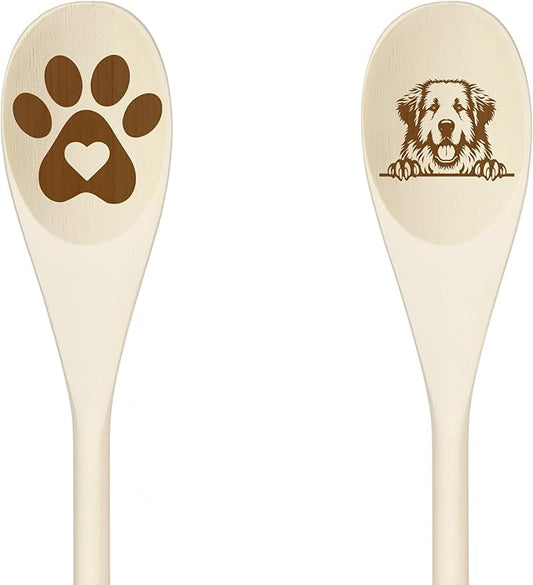Decorative Wooden Spoons with Peeking Dog Designs, Paw Print and Dog Head, Kitchen Utensils Set of 2 (PYRENEES)