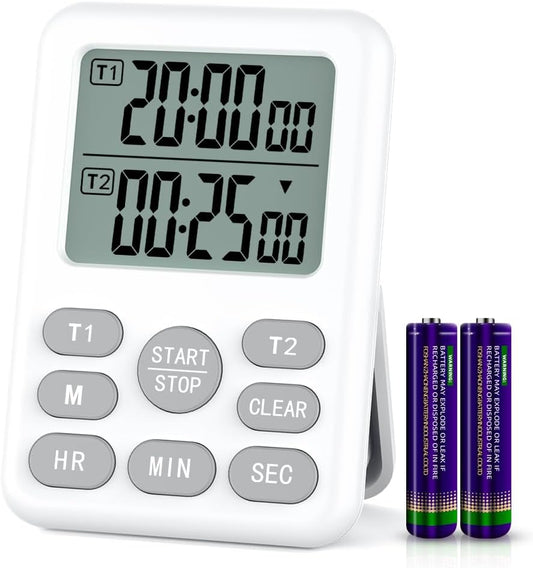 Dual Kitchen Timer Digital - 2 Channel for Cooking with Alarm, Large Display, Magnetic Back, Replaceable 3A Battery, Loud Food Timer, Modern White Design for Multi Timing Needs