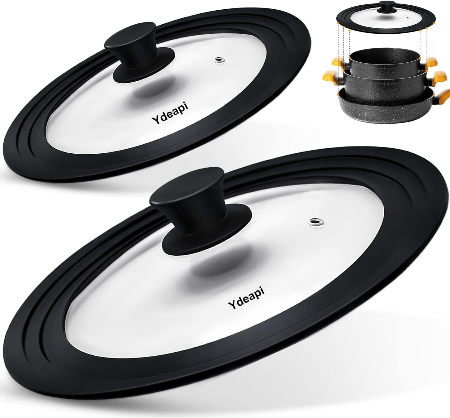 Universal Lids for Pots, Pans & Skillets - Fits 7", 8" & 9" Diameter, 10", 11" & 12" Diameter Cookware, Tempered Glass with High Heat Resistant Silicone Rim (2PK)