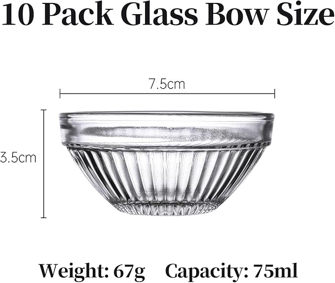 3in 2.5oz Small Clear Glass Ramekins Custard Bowls, 10 Pack Mini Glass Dipping Sauce Cups Pinch Bowl, Little Kitchen Condiment Ingredient Prep Salad Dishes, Dishwasher Microwave Freezer Safe