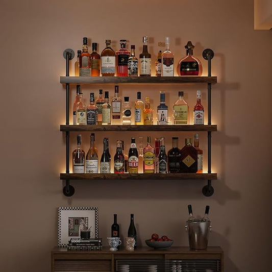 3-Tier Wall Mounted Wine Rack with LED,Liquor Bottles Floating Shelves Display Storage Organizer for Home Bar Dining Room Kitchen (23.6" W x 47.2" H x 8.6" D)