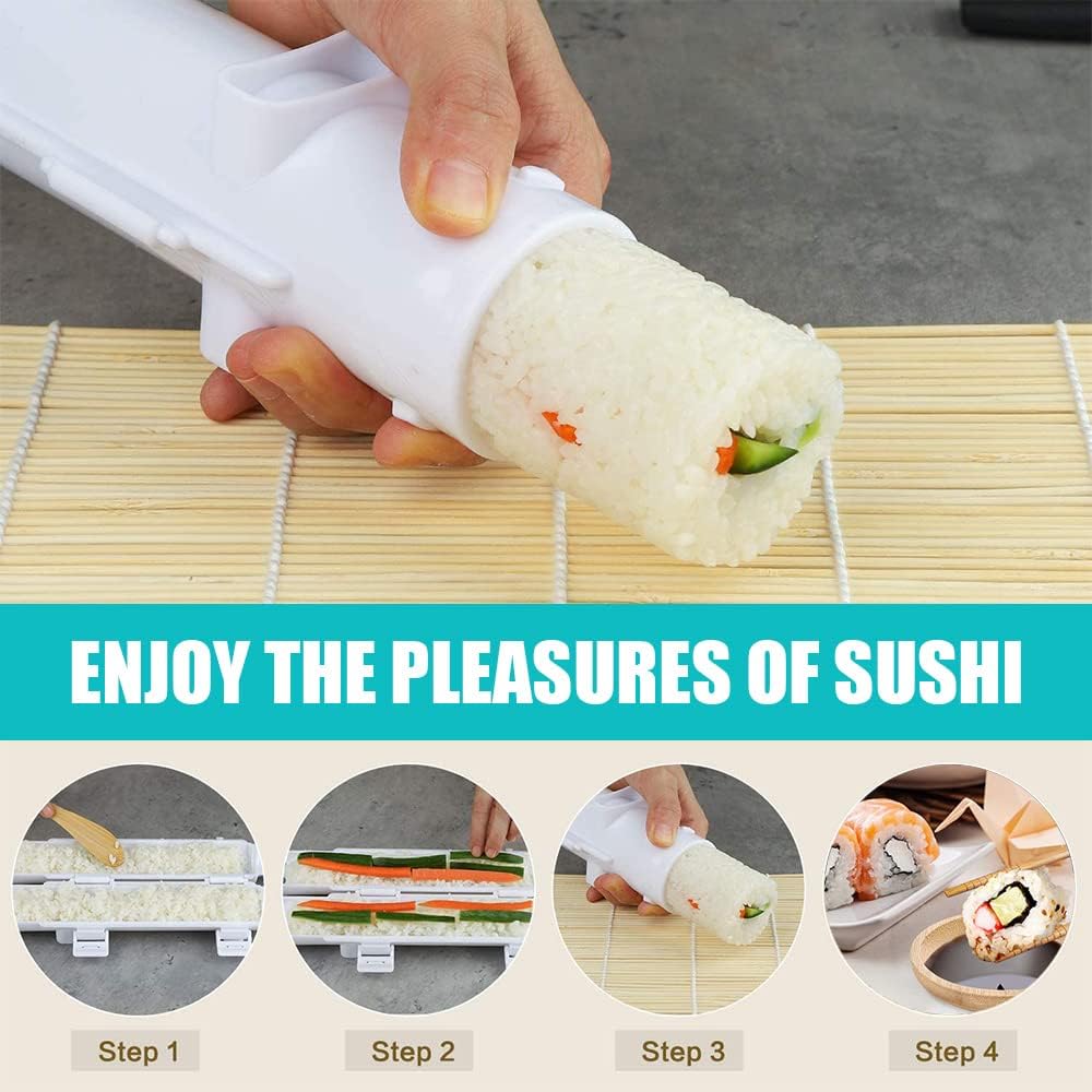Sushi Making Kit For Beginners - 22 Piece DIY Sushi Roller Kit with Bamboo Sushi Rolling Mat, Sushi Bazooka, Chef's Knife, Chopsticks, Holder - Best Starter Sushi Kit (Pink)