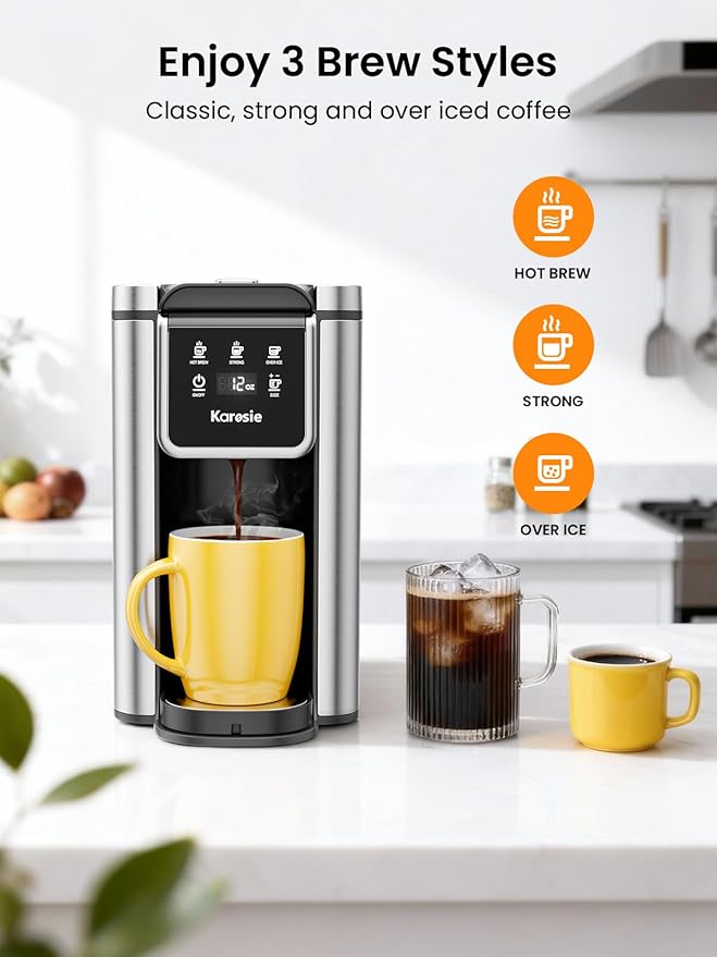 Single Serve Coffee Maker for K-Cup and Grounds, 6-14 oz Brew Sizes Hot & Iced Coffee Maker, Strong Brew Setting, 50 oz Removable Tank, Descaling Reminder, Stainless Steel,Black