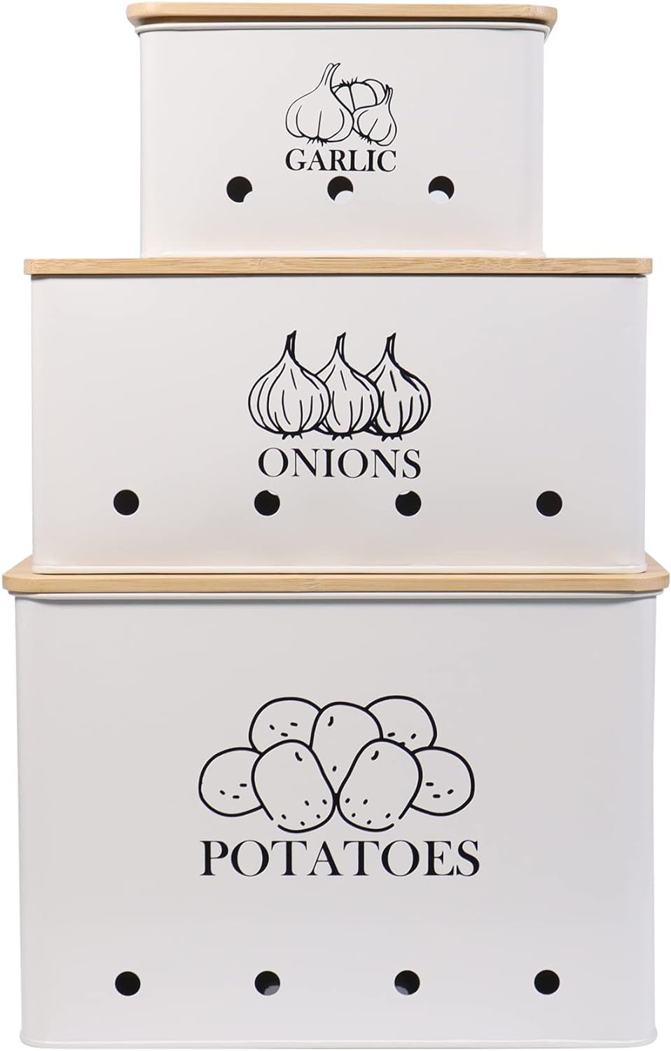 Canister Sets for Kitchen Counter, Kitchen Canisters Set of 3 for Potato Onion Garlic, Kitchen Storage Bin Jars Pots with Aerating Tin Storage Holes & Wooden Lid (White)