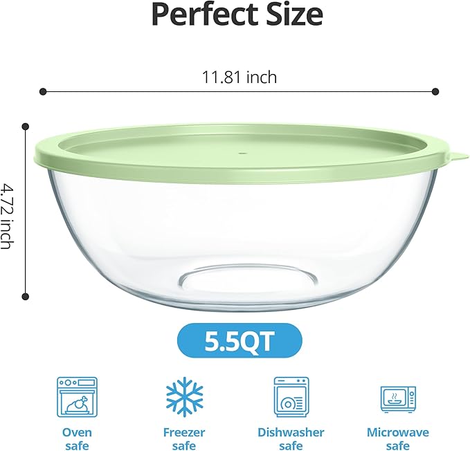 Extra Large Glass Mixing Bowls Clear Glass Salad Cooking Bowls for Kitchen Salad Bread Storage (5.5 Qt)