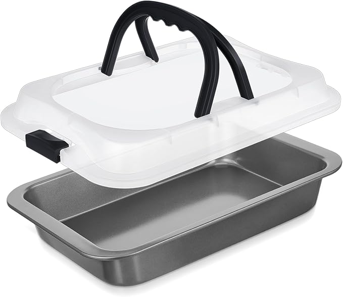 1 Pcs Cake Baking Pan with Lid and Handle, 9 x 13 Inch Non-stick Rectangle Sheet Cake Pan Carrier for Brownie Roasting Cooking Baking (Black Gray)