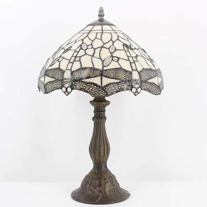 WERFACTORY Tiffany Lamp Cream Stained Glass Dragonfly Bedside Table Lamp Desk Reading Light 12X12X18 Inches Decor Bedroom Living Room Home Office S139 Series